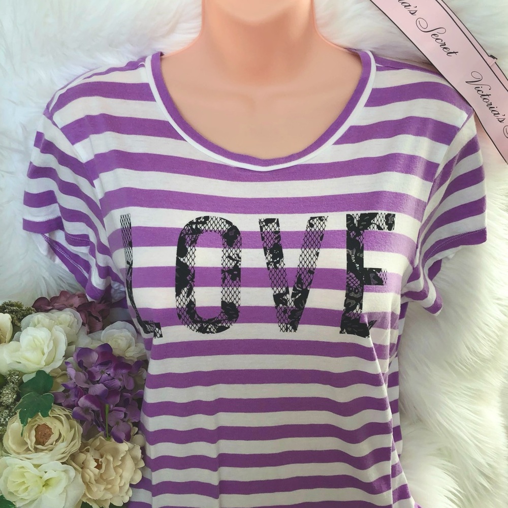 Victoria’s Secret Striped Black Rose Mesh Graphic Short Sleeve Tee Size Large